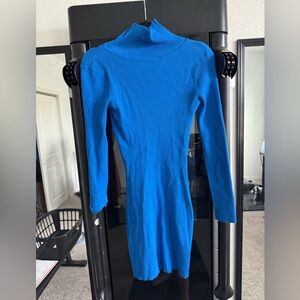 Blue Ribbed Long Sleeve Mock neck Dress